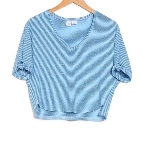 NEW MELROSE AND MARKET Knot Sleeve Stripe Printed Cropped T-shirt In Blue L - Picture 1 of 2
